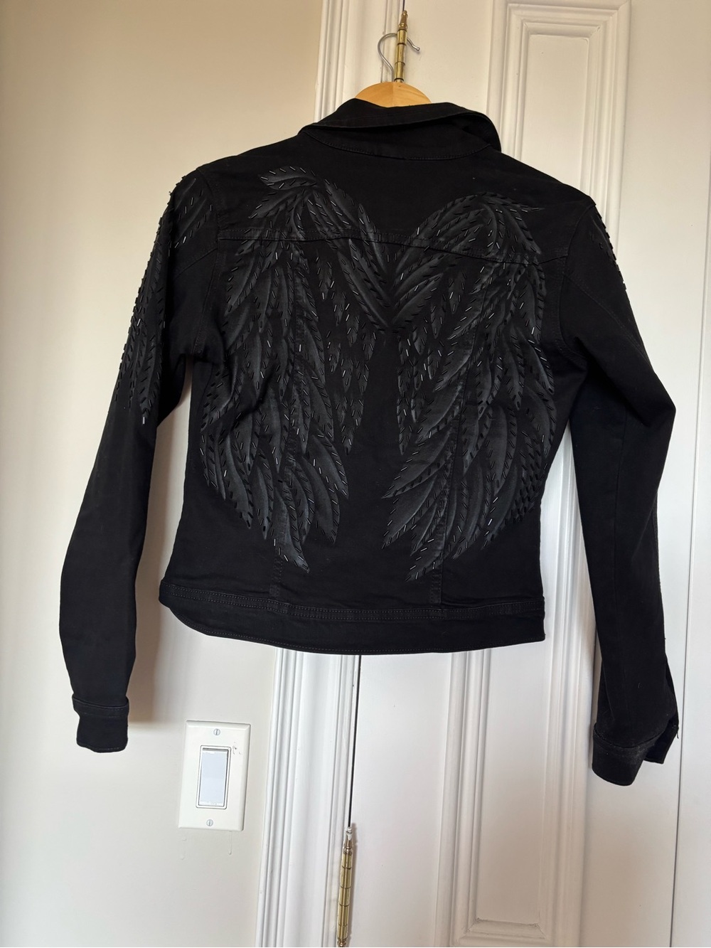 Black Denim Hand Beaded Wing-Detail Jacket